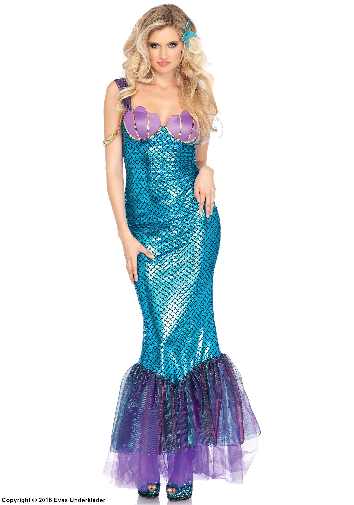 Mermaid, costume dress, sequins, mesh inlay, seashell